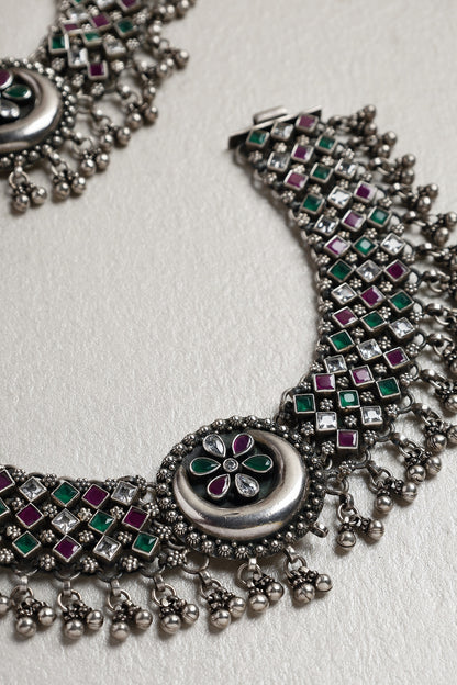 White Finish Ruby & Onyx Chand Anklets In Sterling Silver