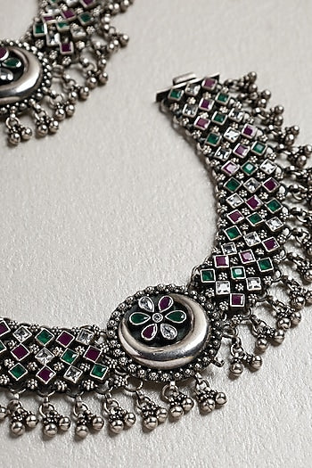 White Finish Ruby & Onyx Chand Anklets In Sterling Silver