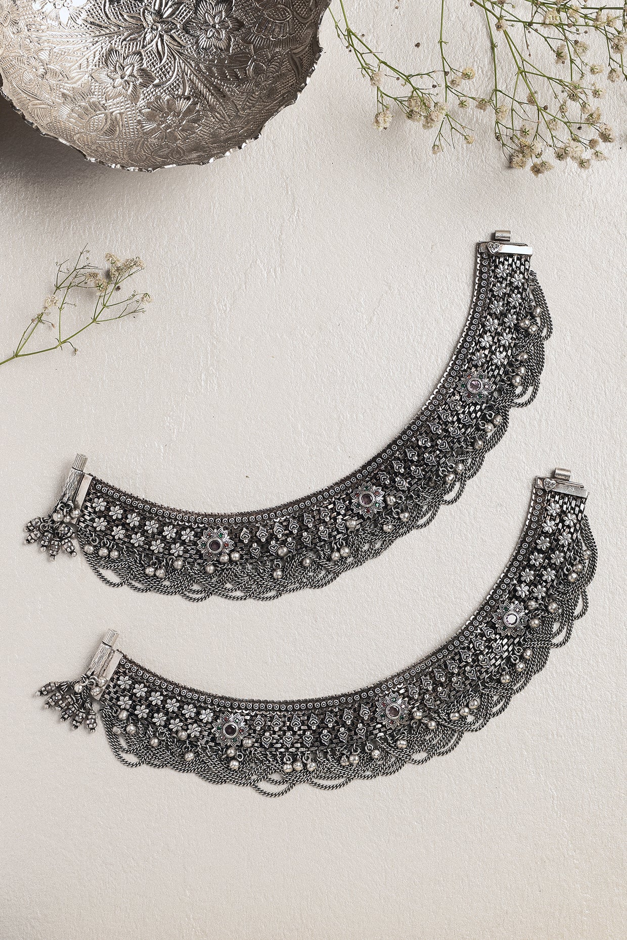 White Finish CZ Stone Anklets In Sterling Silver