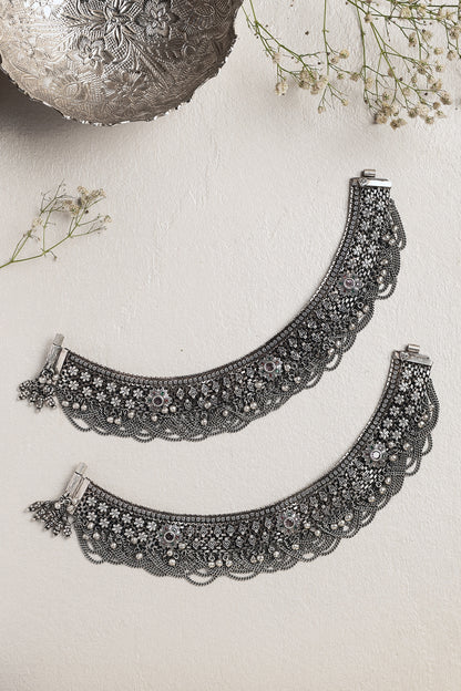 White Finish CZ Stone Anklets In Sterling Silver