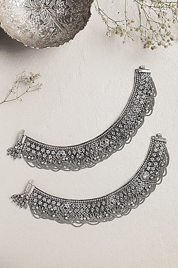 White Finish CZ Stone Anklets In Sterling Silver