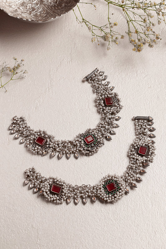 White Finish Pearl & Ruby Onyx Anklets In Sterling Silver