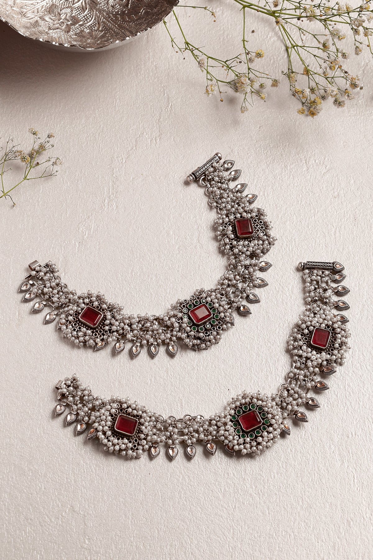 White Finish Pearl & Ruby Onyx Anklets In Sterling Silver