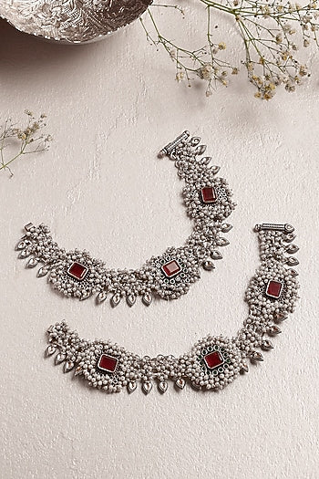 White Finish Pearl & Ruby Onyx Anklets In Sterling Silver