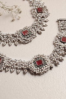 White Finish Pearl & Ruby Onyx Anklets In Sterling Silver
