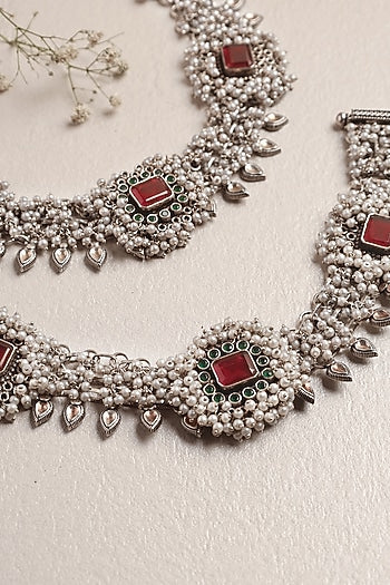 White Finish Pearl & Ruby Onyx Anklets In Sterling Silver