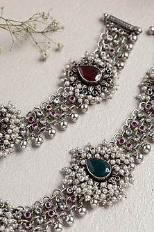 White Finish Pearl & Green Onyx Anklets In Sterling Silver