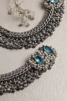 White Finish Blue Topaz Stone Anklets In Sterling Silver