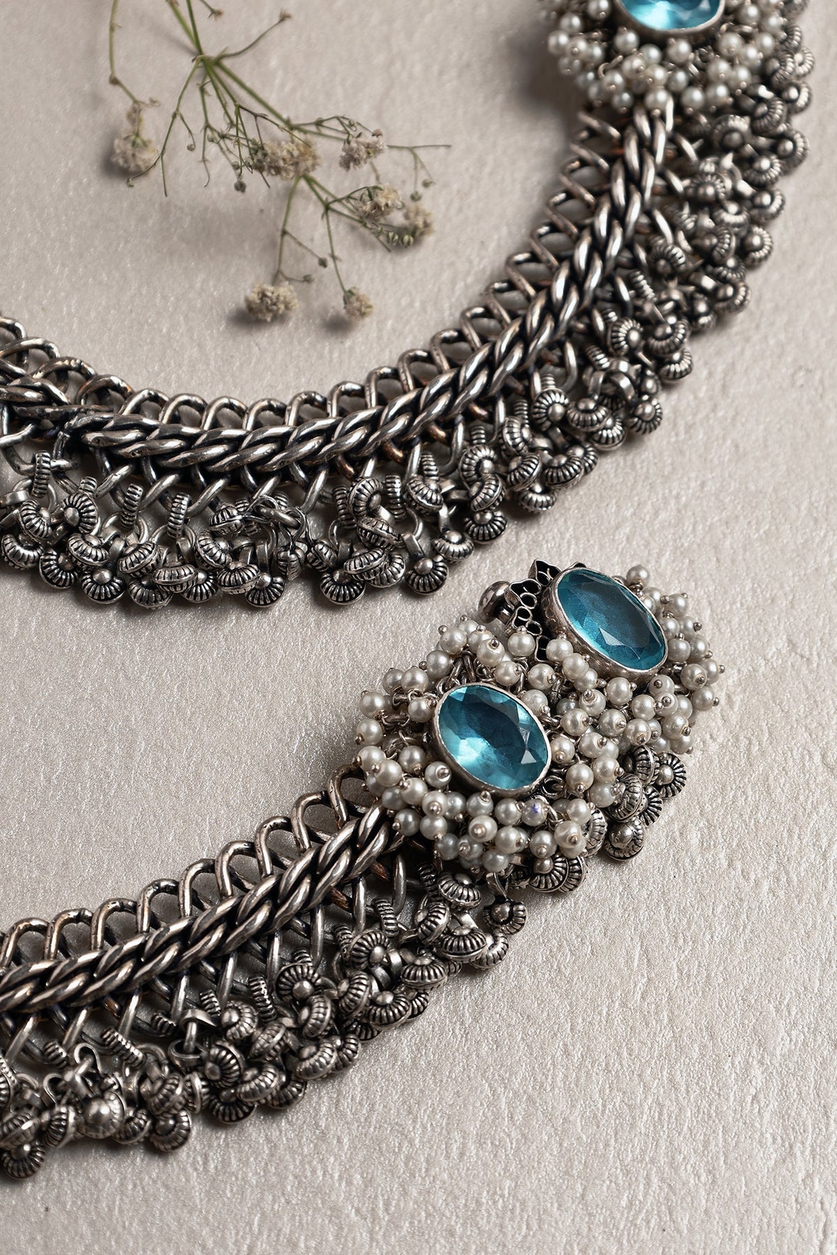 White Finish Blue Topaz Stone Anklets In Sterling Silver