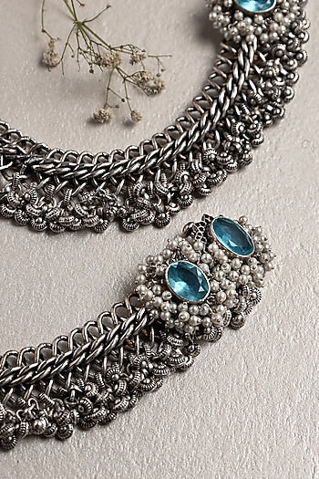 White Finish Blue Topaz Stone Anklets In Sterling Silver