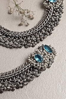 White Finish Blue Topaz Stone Anklets In Sterling Silver