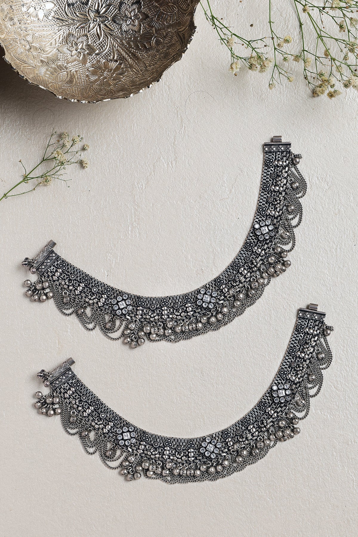 White Finish CZ Stone Anklets In Sterling Silver