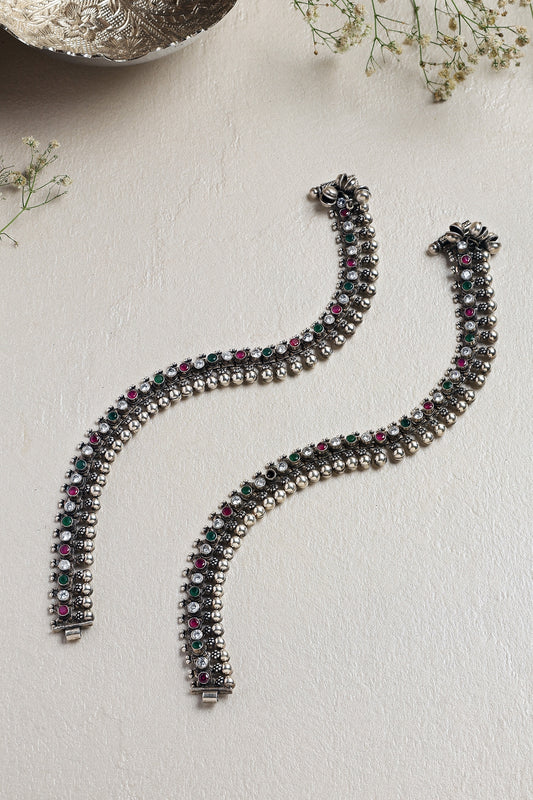 White Finish Ruby & CZ Stone Anklets In Sterling Silver