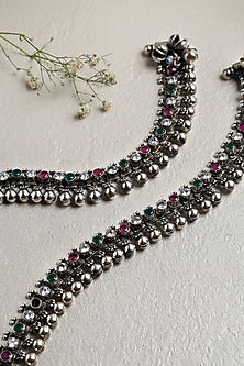 White Finish Ruby & CZ Stone Anklets In Sterling Silver