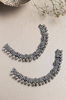 White Finish Ruby Onyx & CZ Stone Anklets In Sterling Silver