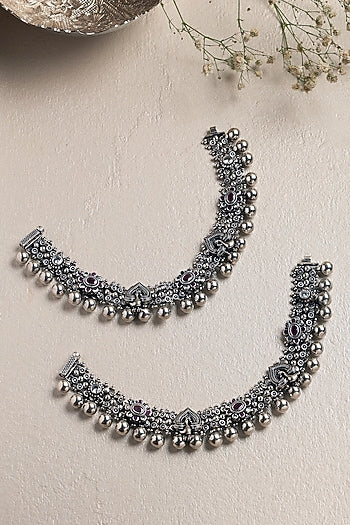 White Finish Ruby Onyx & CZ Stone Anklets In Sterling Silver