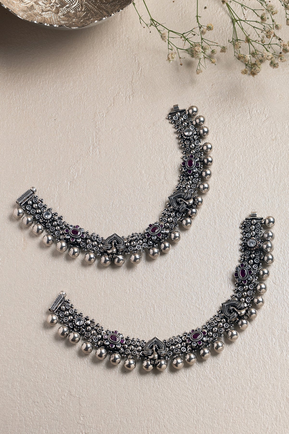 White Finish Ruby Onyx & CZ Stone Anklets In Sterling Silver