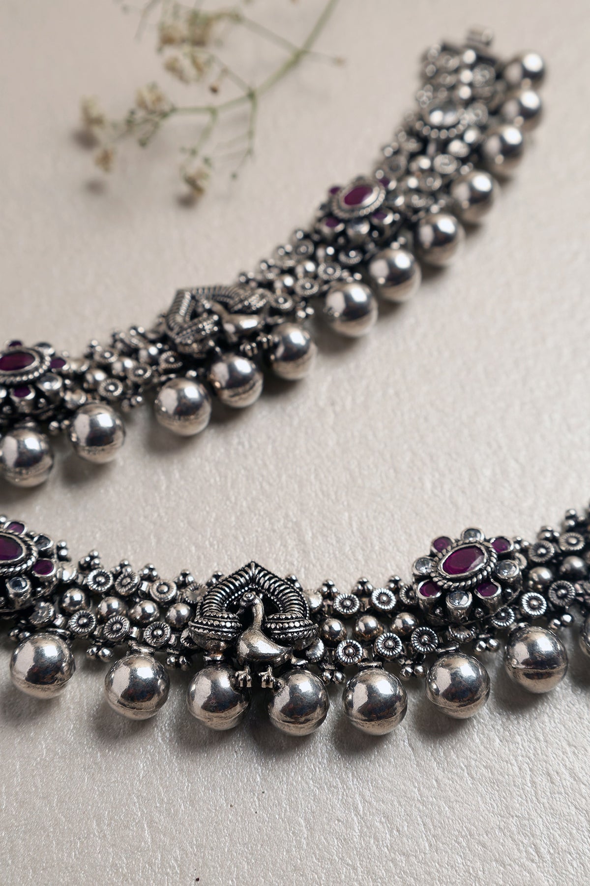 White Finish Ruby Onyx & CZ Stone Anklets In Sterling Silver