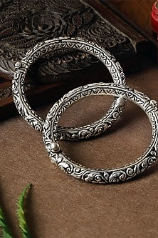 White Finish Nakshi Leg Kada In Sterling Silver