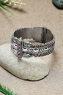 White Finish Ruby Stone Temple Kada In Sterling Silver