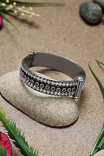 White Finish Ruby Stone Temple Kada In Sterling Silver