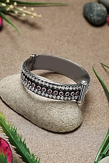 White Finish Ruby Stone Temple Kada In Sterling Silver