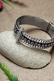 White Finish Ruby Stone Temple Kada In Sterling Silver