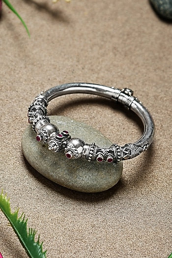 White Finish Ruby Stone Temple Kada In Sterling Silver