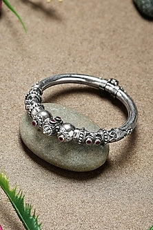White Finish Ruby Stone Temple Kada In Sterling Silver