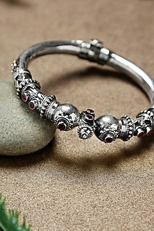 White Finish Ruby Stone Temple Kada In Sterling Silver