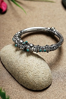 White Finish Turquoise Stone Temple Kada In Sterling Silver
