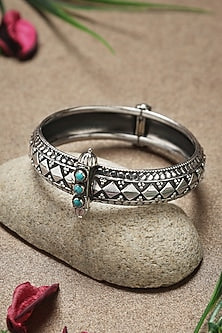 White Finish Turquoise Stone Temple Kada In Sterling Silver
