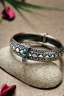 White Finish Turquoise Stone Temple Kada In Sterling Silver
