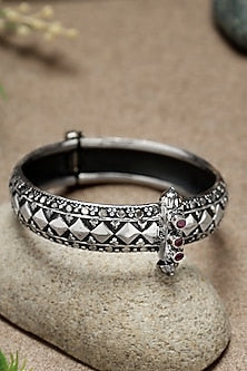 White Finish Ruby Stone Temple Kada In Sterling Silver