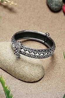 White Finish Ruby Stone Temple Kada In Sterling Silver