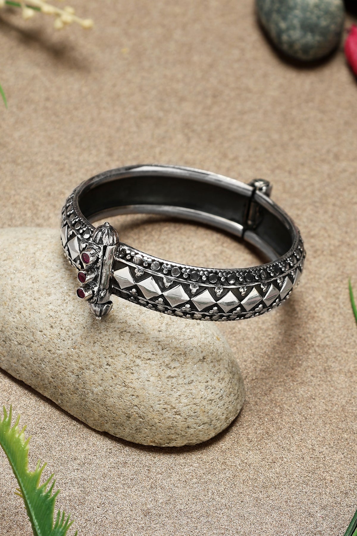 White Finish Ruby Stone Temple Kada In Sterling Silver