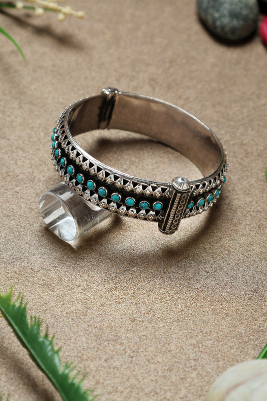 White Finish Turquoise Stone Temple Kada In Sterling Silver