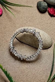 White Finish Ruby Stone Temple Kada In Sterling Silver