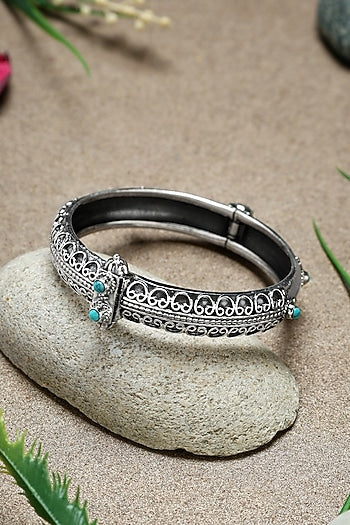 White Finish Turquoise Stone Temple Kada In Sterling Silver