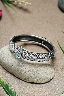 White Finish Turquoise Stone Temple Kada In Sterling Silver