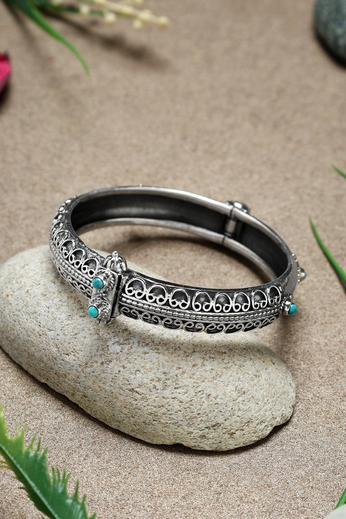 White Finish Turquoise Stone Temple Kada In Sterling Silver