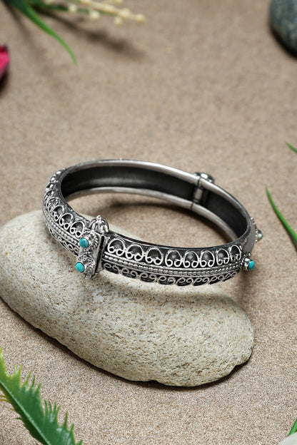White Finish Turquoise Stone Temple Kada In Sterling Silver