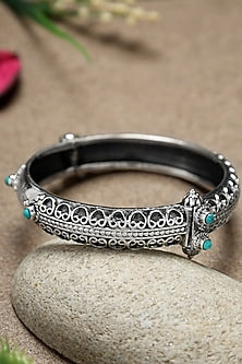 White Finish Turquoise Stone Temple Kada In Sterling Silver