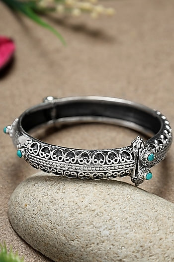 White Finish Turquoise Stone Temple Kada In Sterling Silver