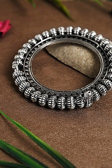 White Finish Turquoise Stone Temple Kada In Sterling Silver