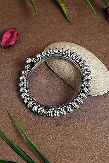 White Finish Textured Beaded Temple Kada In Sterling Silver