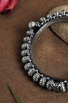 White Finish Textured Beaded Temple Kada In Sterling Silver