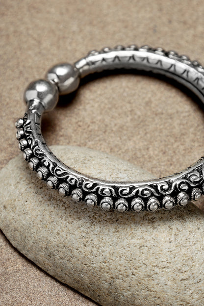 White Finish Chitai Temple Kada In Sterling Silver