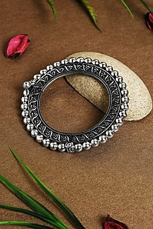 White Finish Ball Beaded Temple Kada In Sterling Silver
