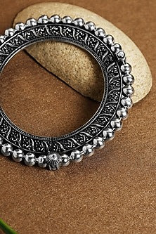 White Finish Ball Beaded Temple Kada In Sterling Silver